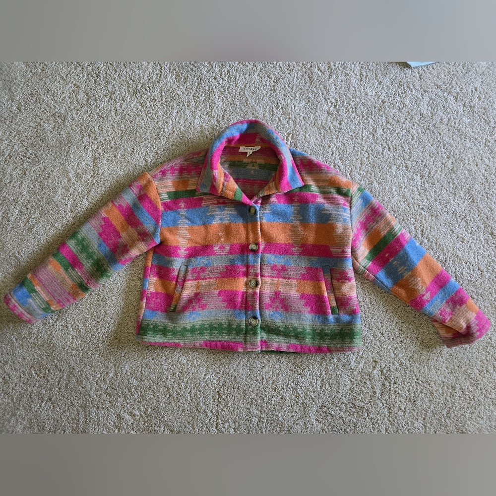 Heyday Womens Size Small Aztec Print Cozy Fleece Jacket Pink Blue Green Beige